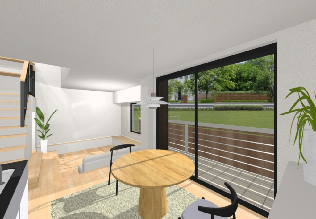 黒サッシの大開口窓があるリビングのイメージ