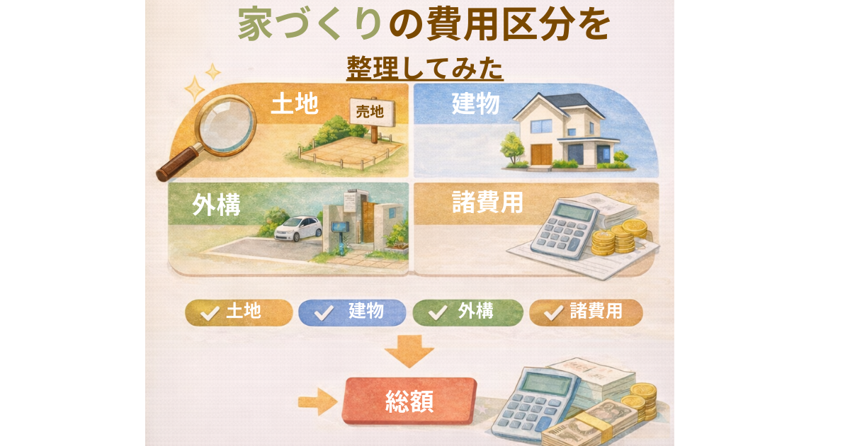 家づくり費用の内訳（建物費用・土地費用・外構費用・諸費用）を解説した図